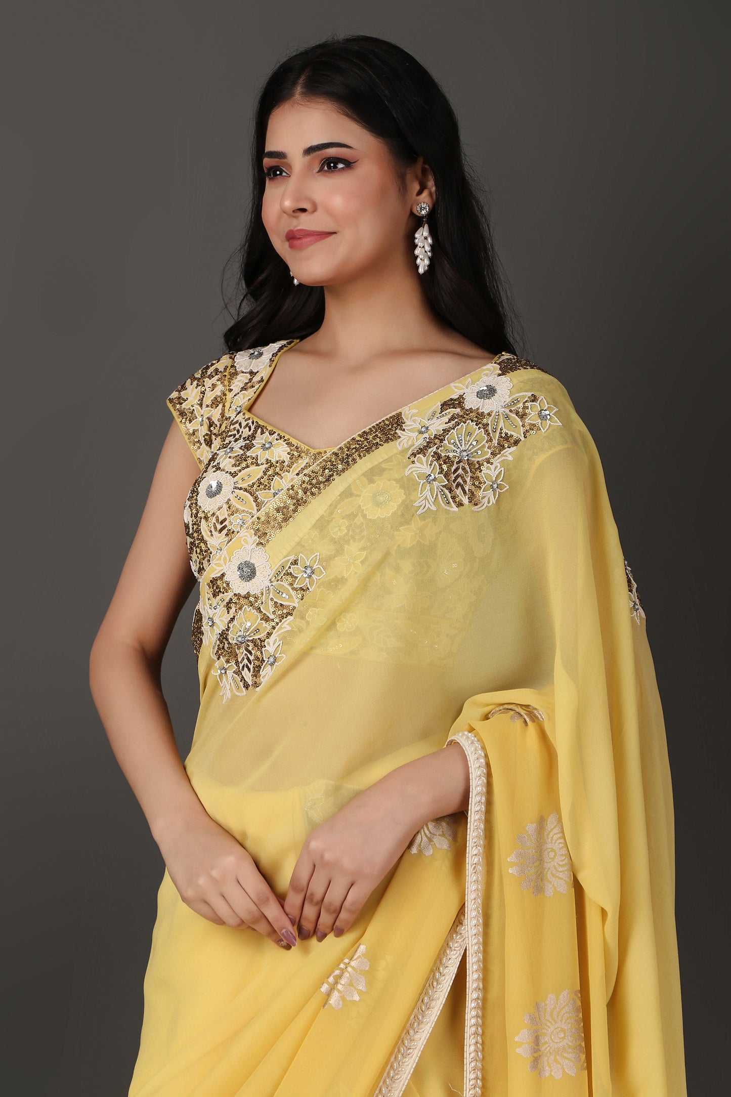 Soft Yellow Floral Embroidered Saree with Elegant Border and Sheer Finish