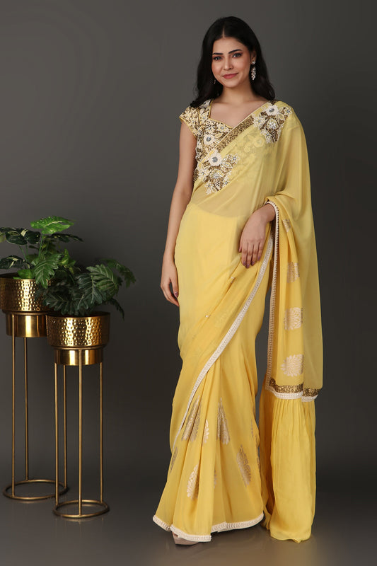 Soft Yellow Floral Embroidered Saree with Elegant Border and Sheer Finish