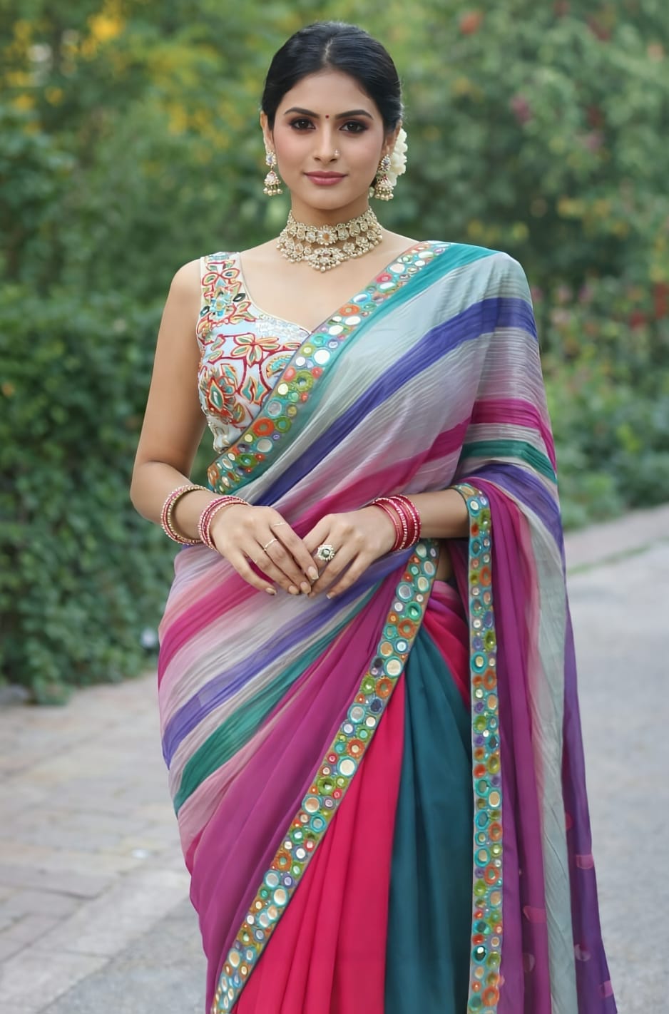 Rich Purple Chiffon Silk Saree With Mirror And Dori Work
