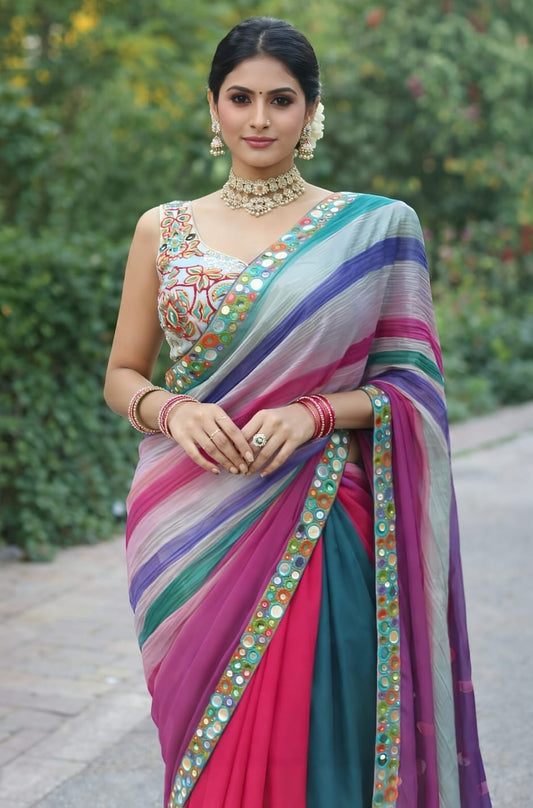 Rich Purple Chiffon Silk Saree With Mirror And Dori Work