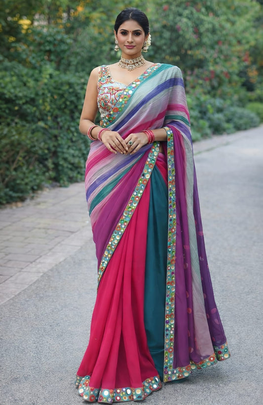 Rich Purple Chiffon Silk Saree With Mirror And Dori Work