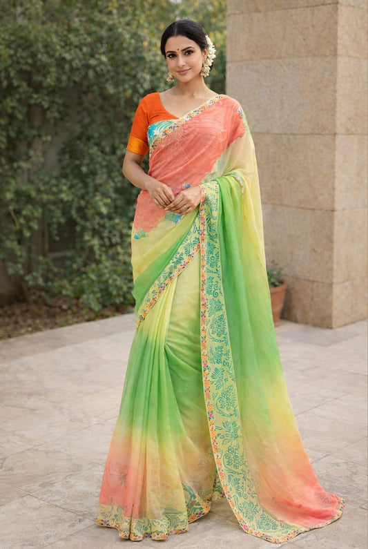 Parrot Green Party Wear Chiffon Saree with Intricate Cutdana Work