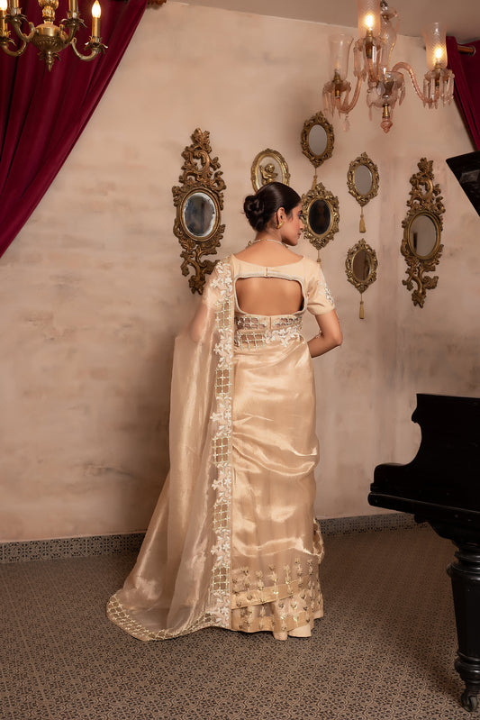 Premium Golden Tissue Saree with Ornate Handcrafted Border and Fancy Blouse