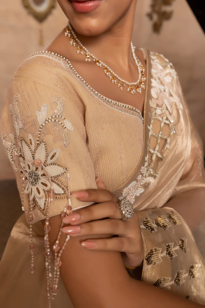 Premium Golden Tissue Saree with Ornate Handcrafted Border and Fancy Blouse
