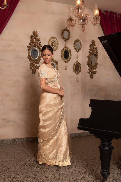 Premium Golden Tissue Saree with Ornate Handcrafted Border and Fancy Blouse