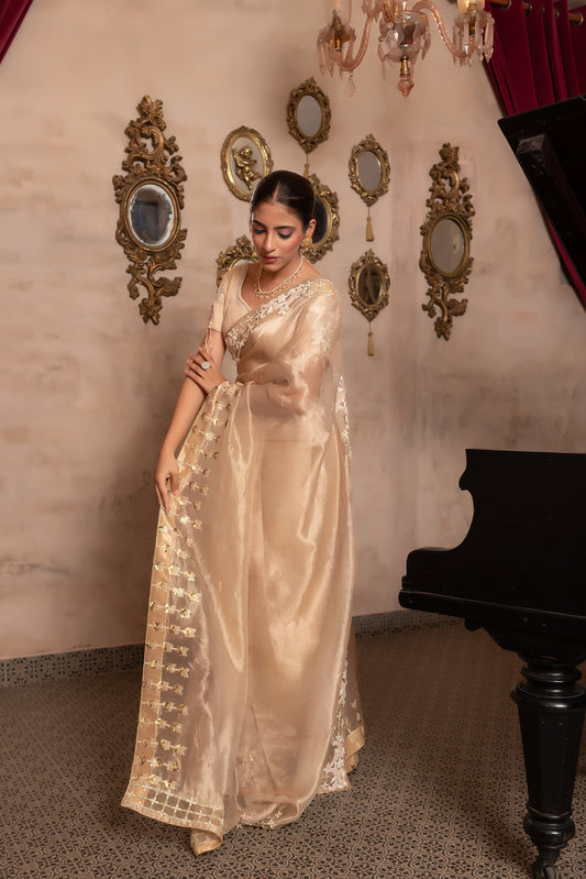 Premium Golden Tissue Saree with Ornate Handcrafted Border and Fancy Blouse