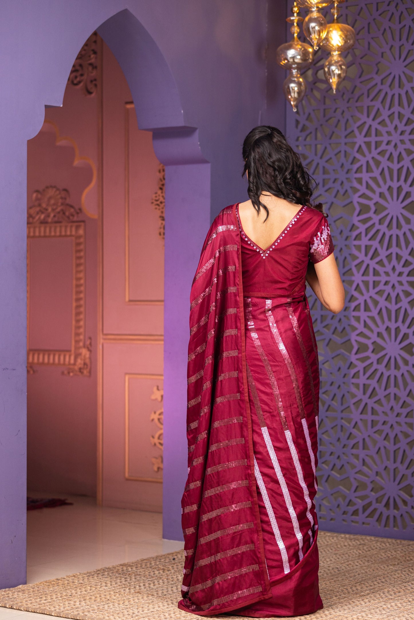 Wine Heavy Sequin Embellished Pallu Saree And Blouse