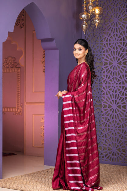 Wine Heavy Sequin Embellished Pallu Saree And Blouse