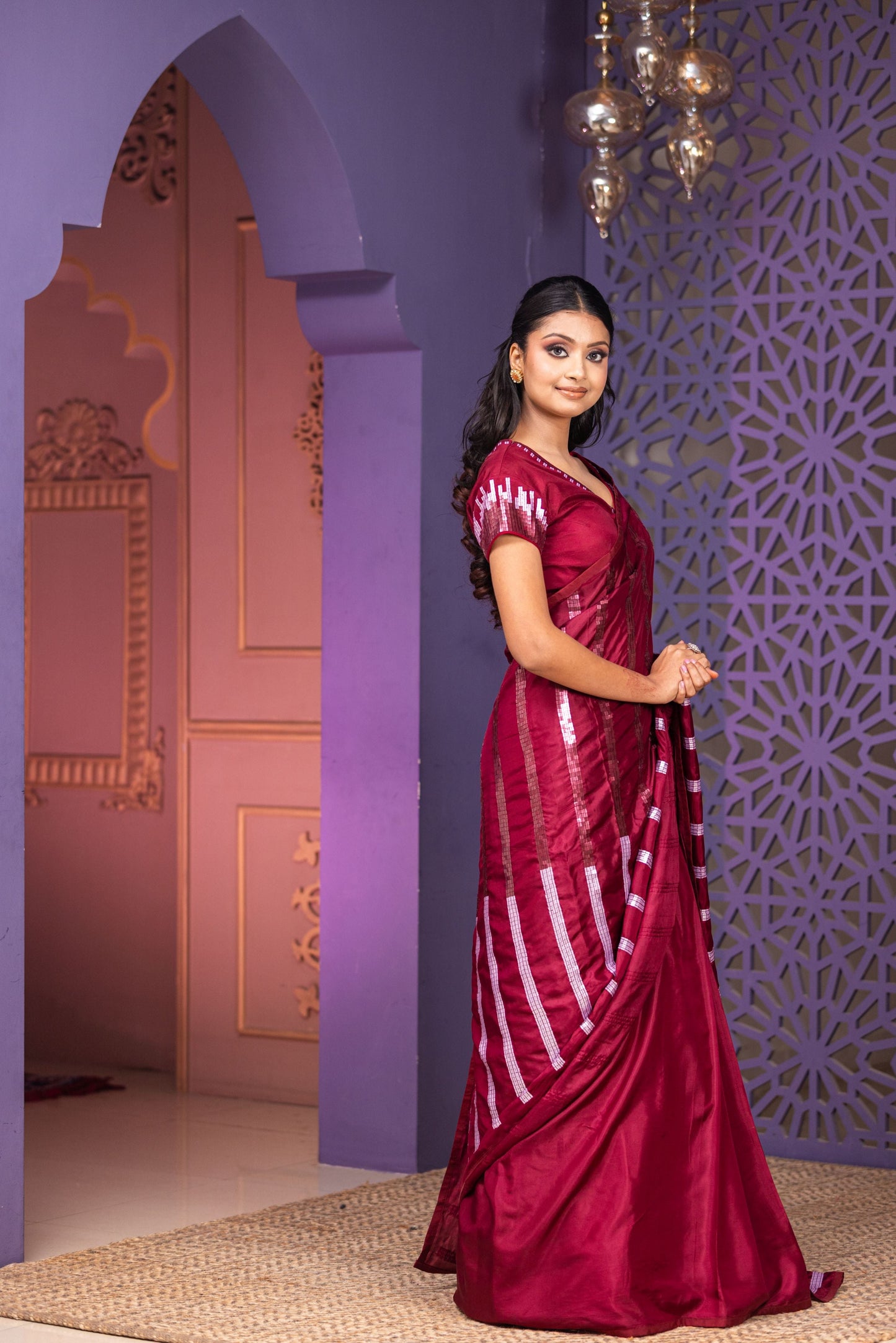 Wine Heavy Sequin Embellished Pallu Saree And Blouse