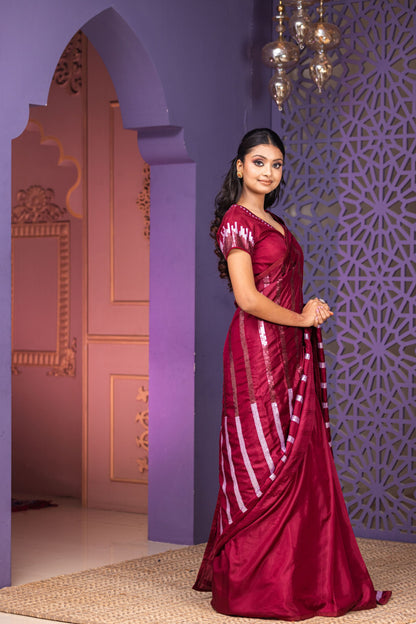 Wine Heavy Sequin Embellished Pallu Saree And Blouse