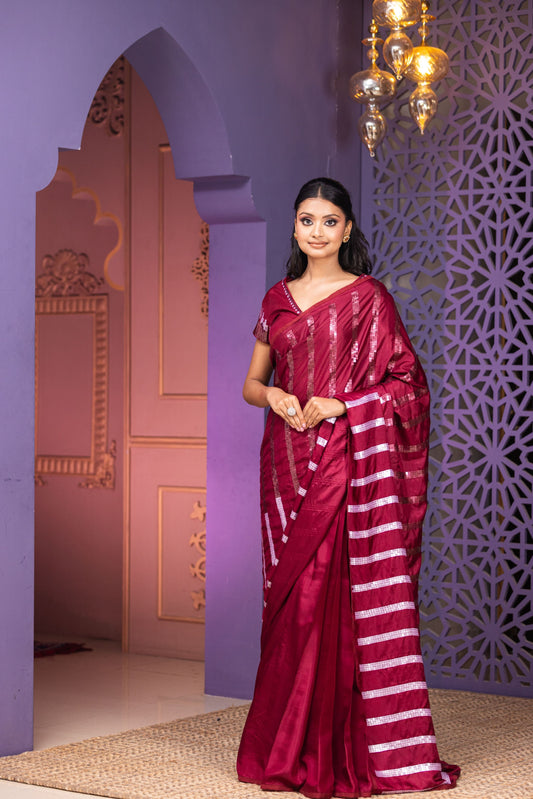 Wine Heavy Sequin Embellished Pallu Saree And Blouse