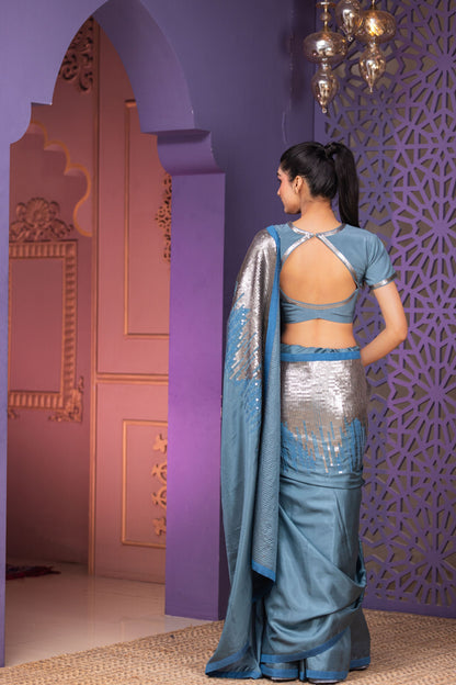 Luxury Steel Blue Saree Featuring Handcrafted Sequin Pallu