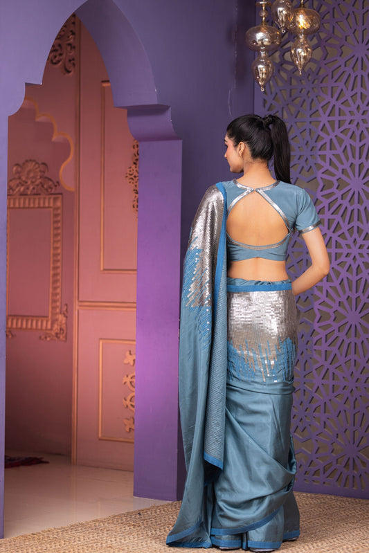 Luxury Steel Blue Saree Featuring Handcrafted Sequin Pallu