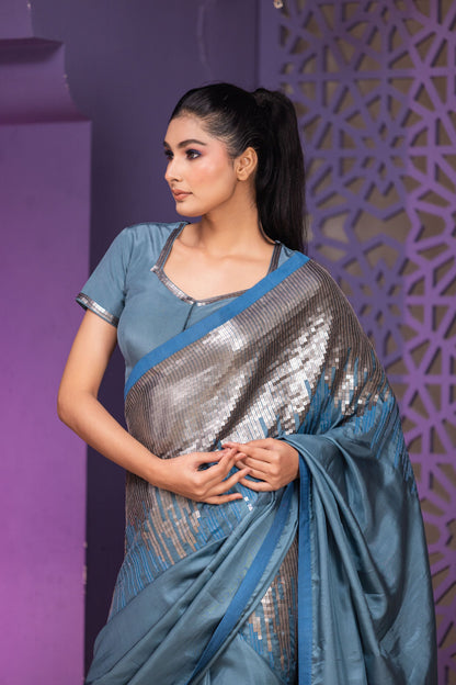 Luxury Steel Blue Saree Featuring Handcrafted Sequin Pallu
