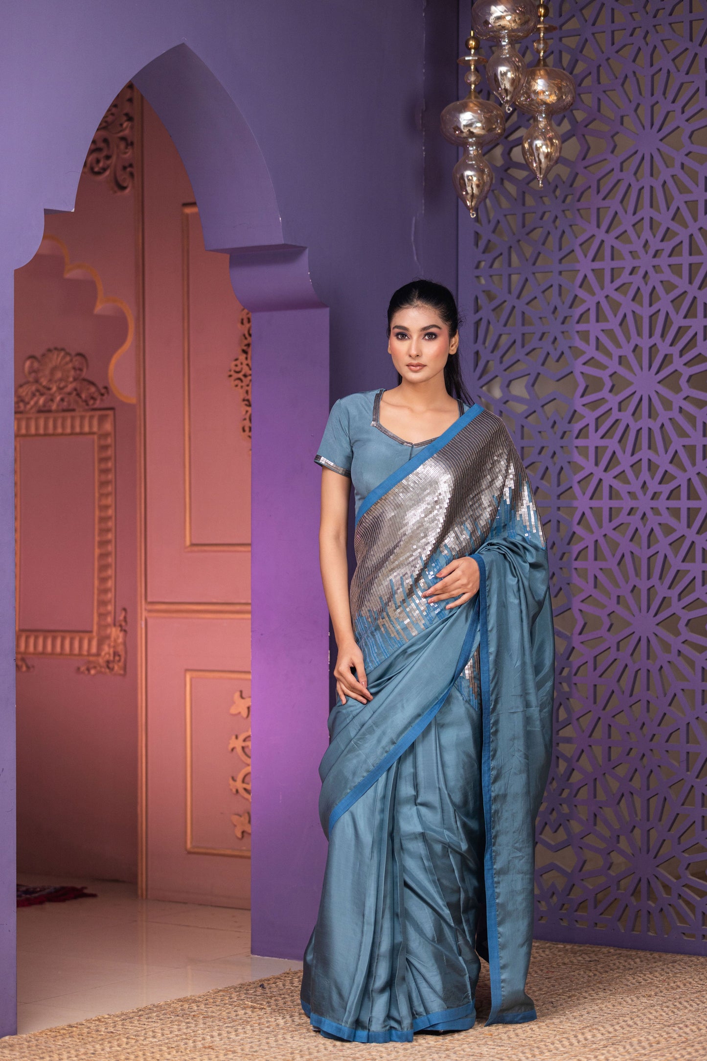 Luxury Steel Blue Saree Featuring Handcrafted Sequin Pallu