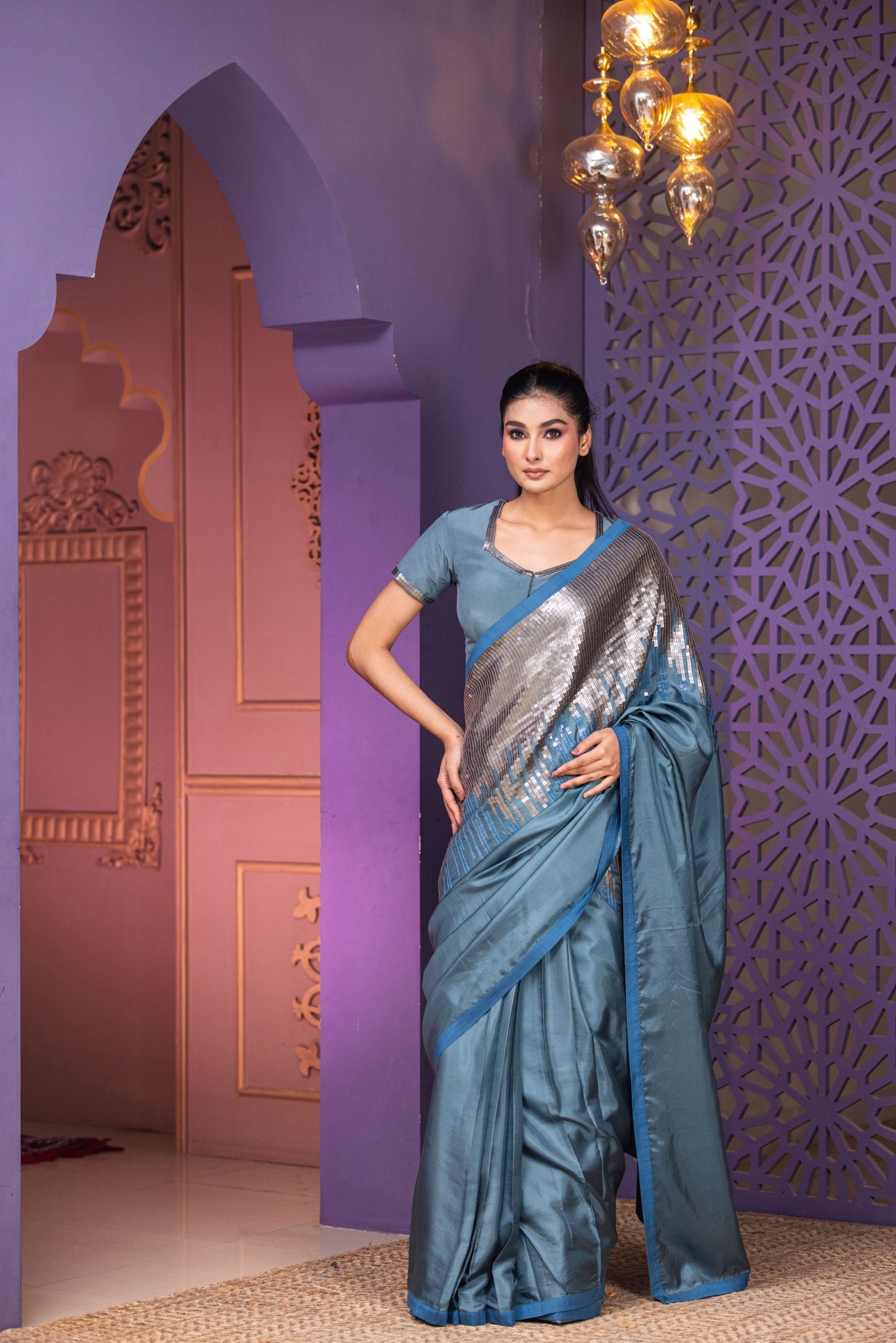 Luxury Steel Blue Saree Featuring Handcrafted Sequin Pallu