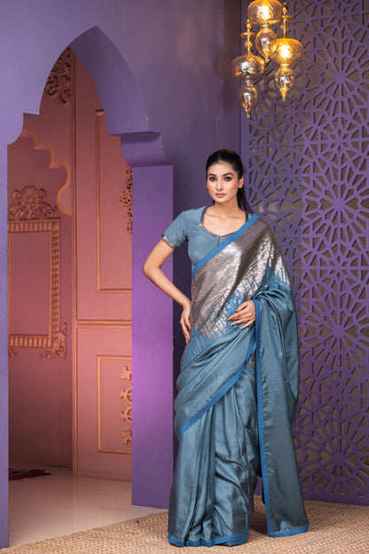 Luxury Steel Blue Saree Featuring Handcrafted Sequin Pallu