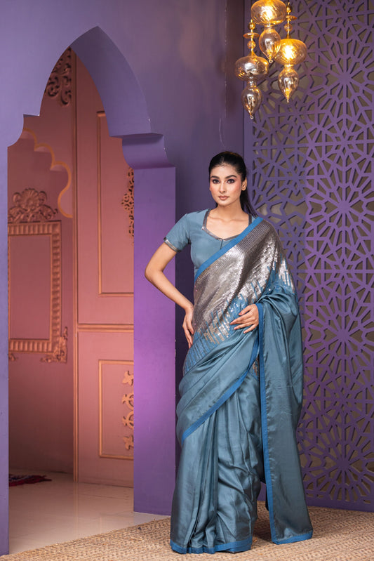 Luxury Steel Blue Saree Featuring Handcrafted Sequin Pallu