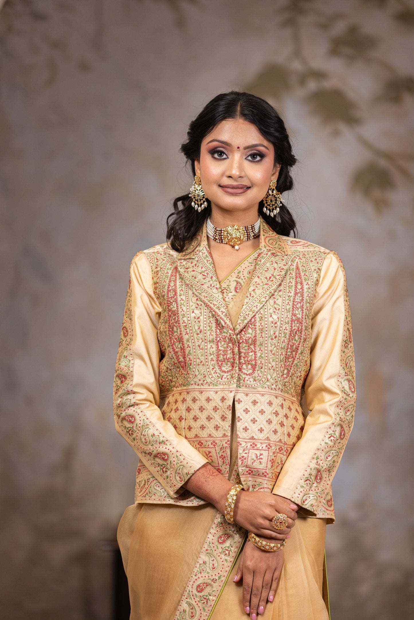 Beige Organza Saree with Beautiful Border and Brocade Jacket