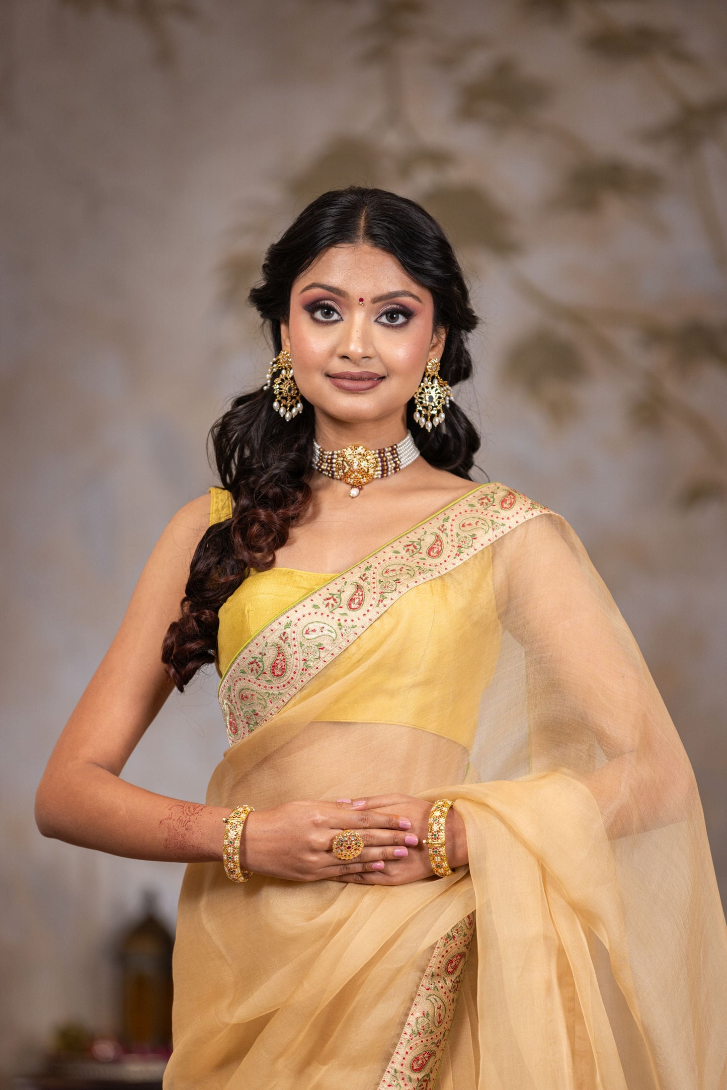 Beige Organza Saree with Beautiful Border and Brocade Jacket