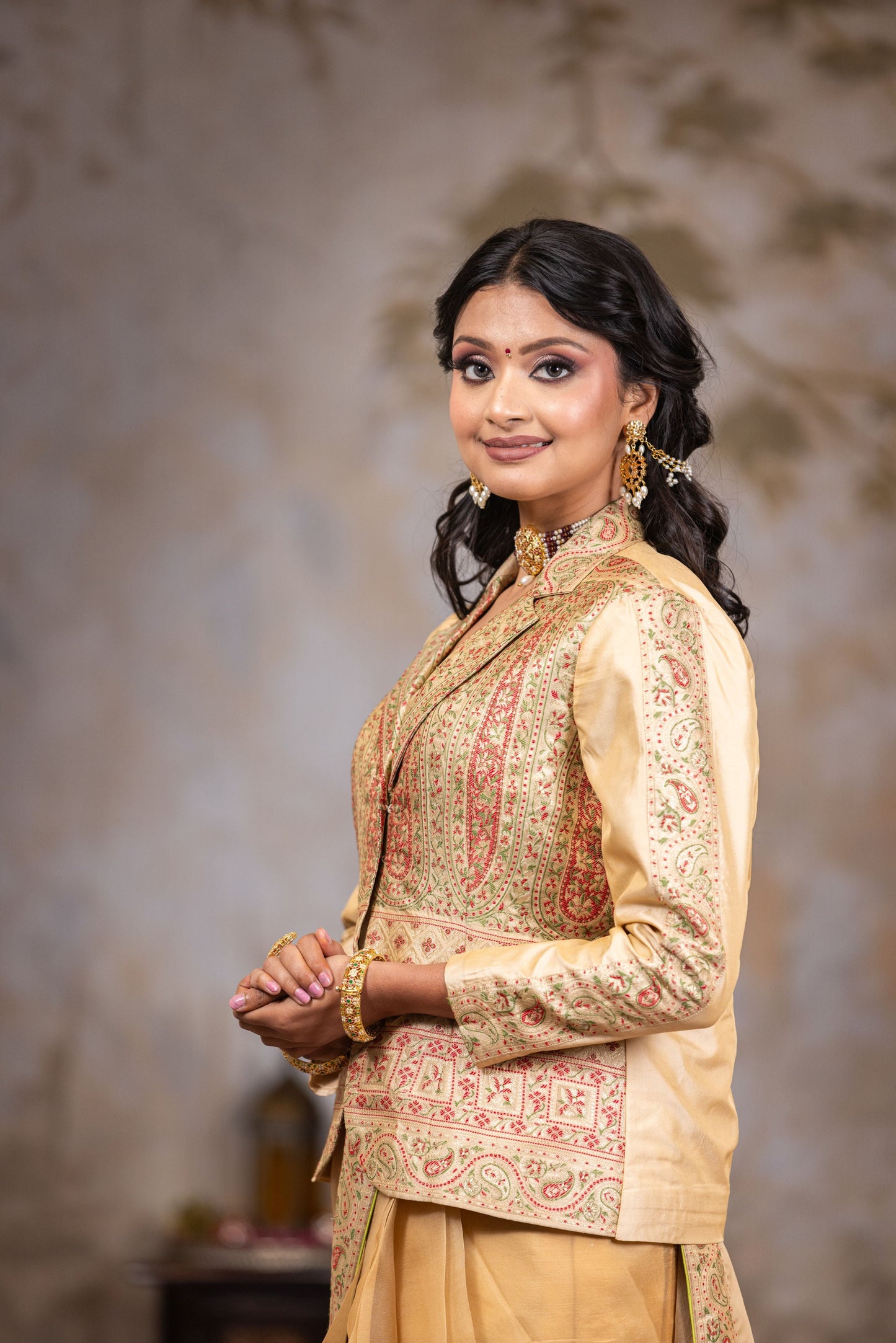 Beige Organza Saree with Beautiful Border and Brocade Jacket