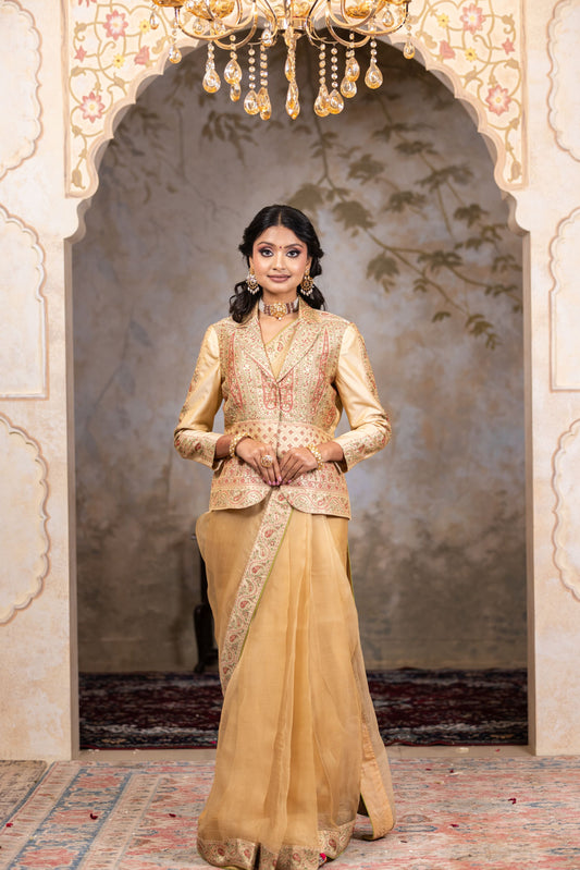 Beige Organza Saree with Beautiful Border and Brocade Jacket