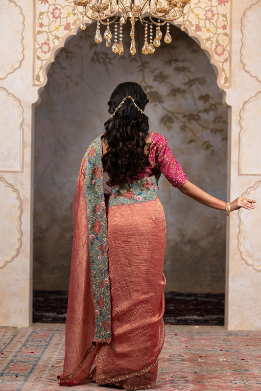 Elegant Crushed Tissue Saree with Contrast Hot Pink Brocade Blouse and Zardosi Border