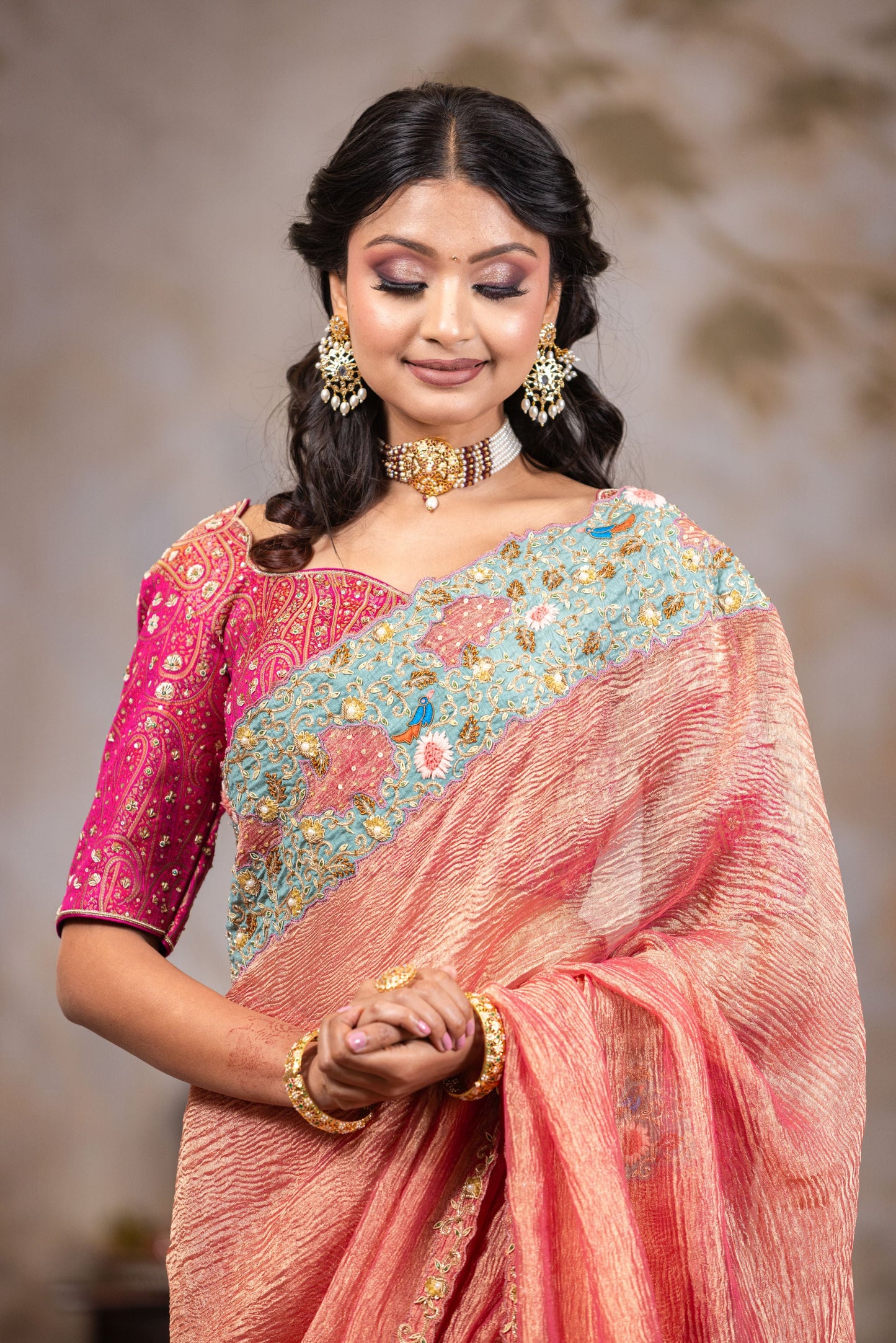 Elegant Crushed Tissue Saree with Contrast Hot Pink Brocade Blouse and Zardosi Border