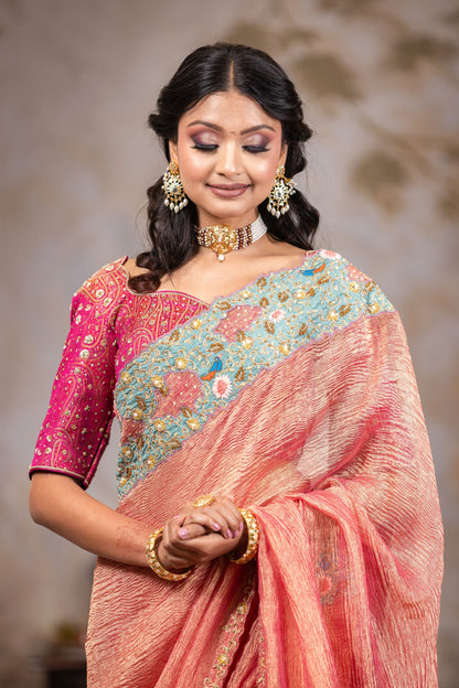 Elegant Crushed Tissue Saree with Contrast Hot Pink Brocade Blouse and Zardosi Border