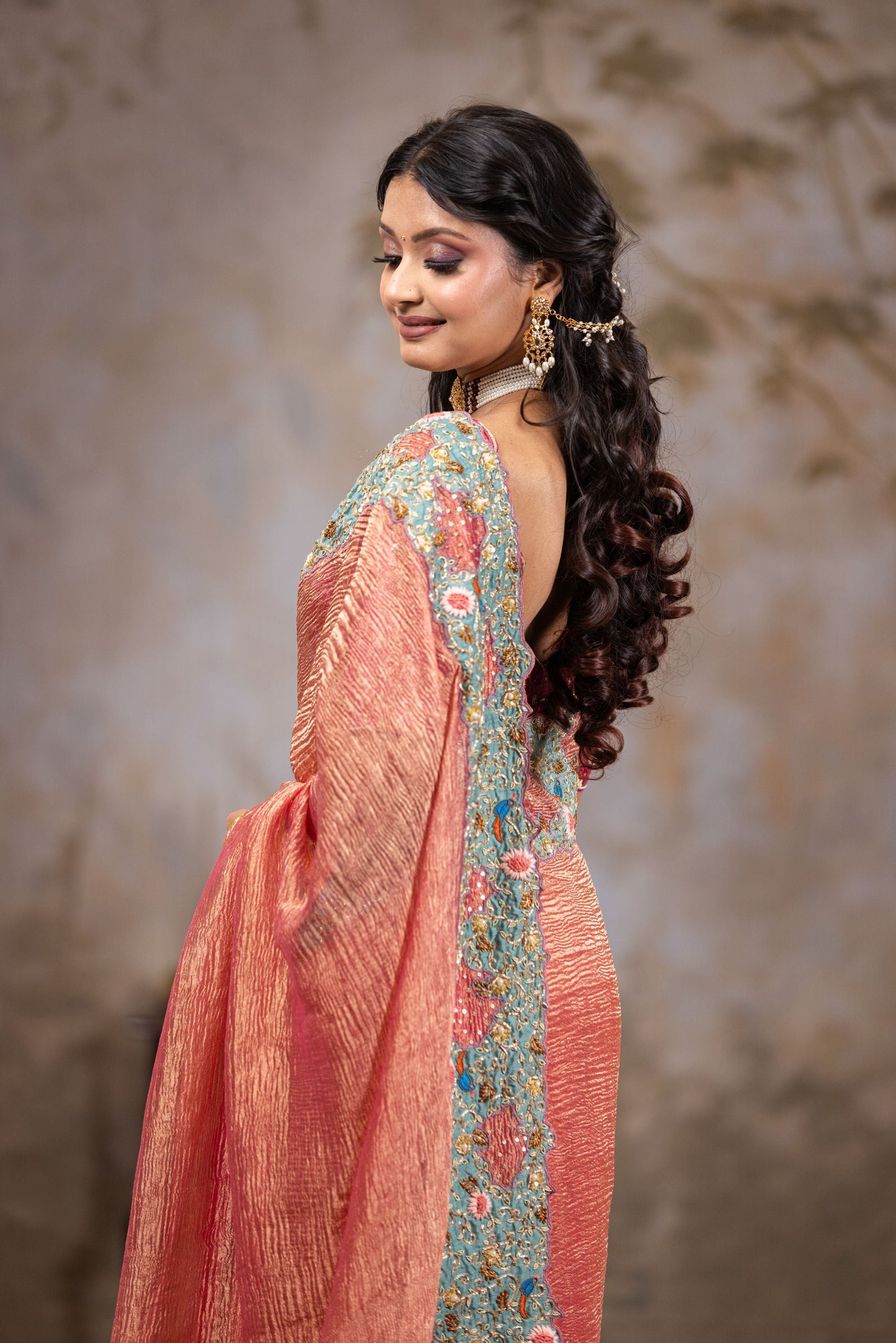 Elegant Crushed Tissue Saree with Contrast Hot Pink Brocade Blouse and Zardosi Border