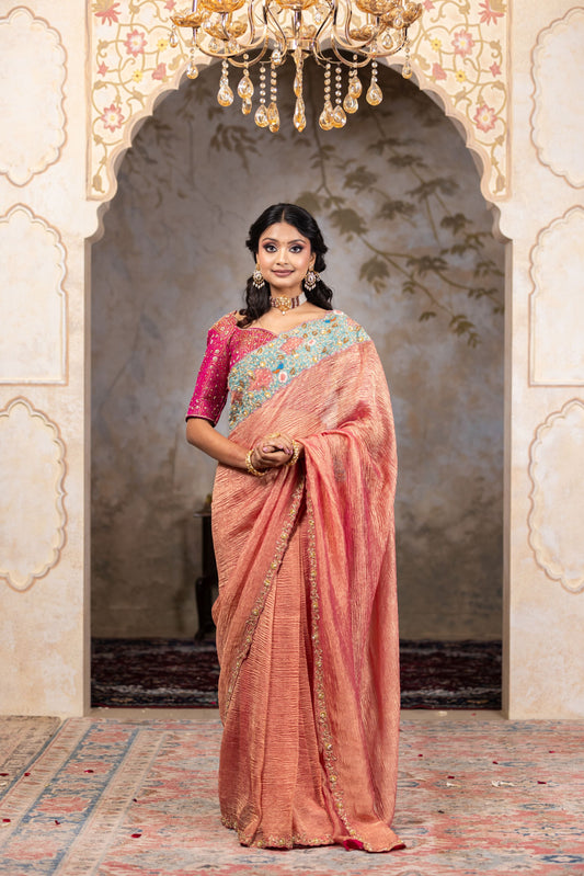 Elegant Crushed Tissue Saree with Contrast Hot Pink Brocade Blouse and Zardosi Border