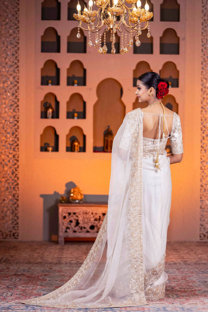 Designer Off White Organza Saree Featuring Zari Pearl And Sequin Handwork