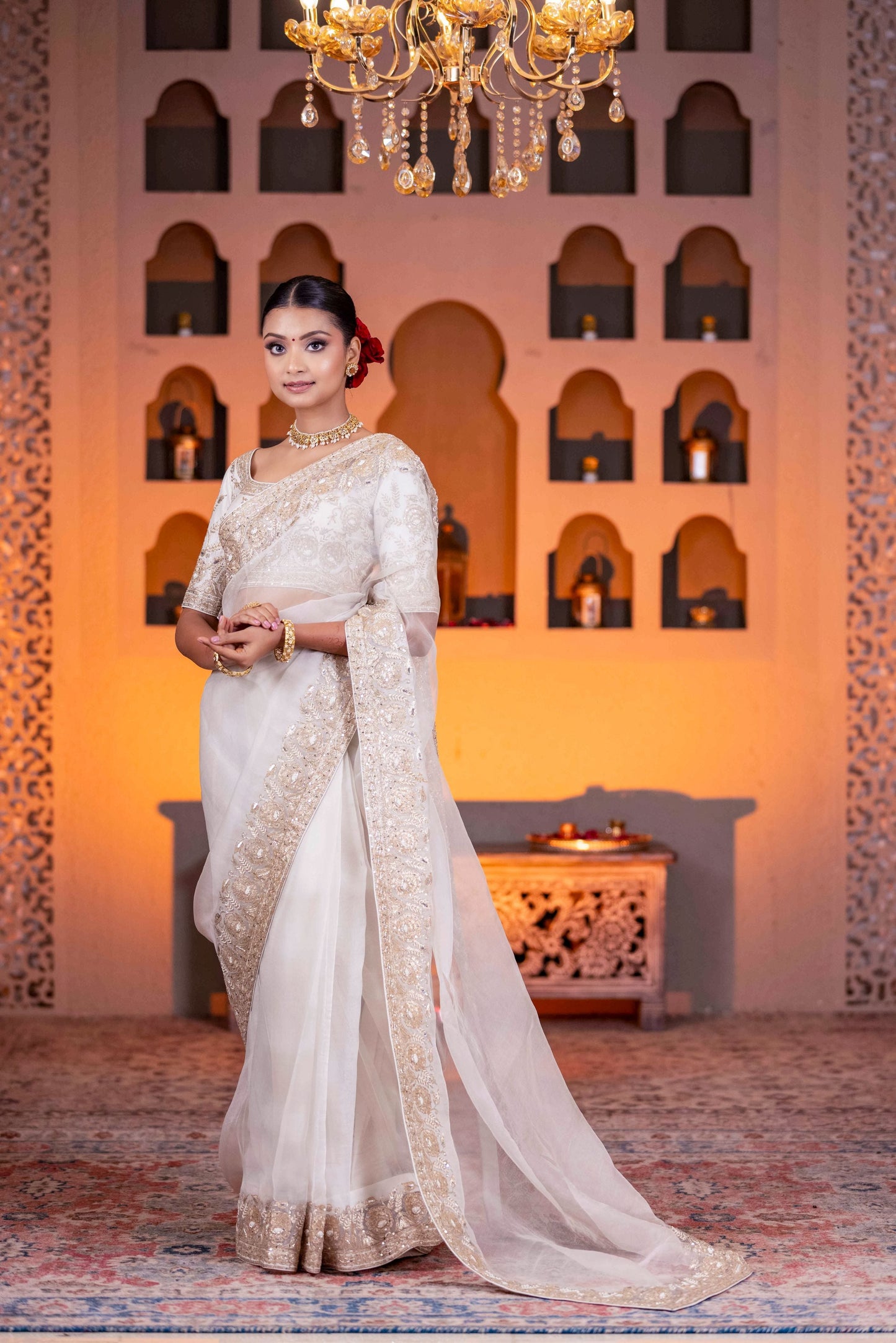 Designer Off White Organza Saree Featuring Zari Pearl And Sequin Handwork