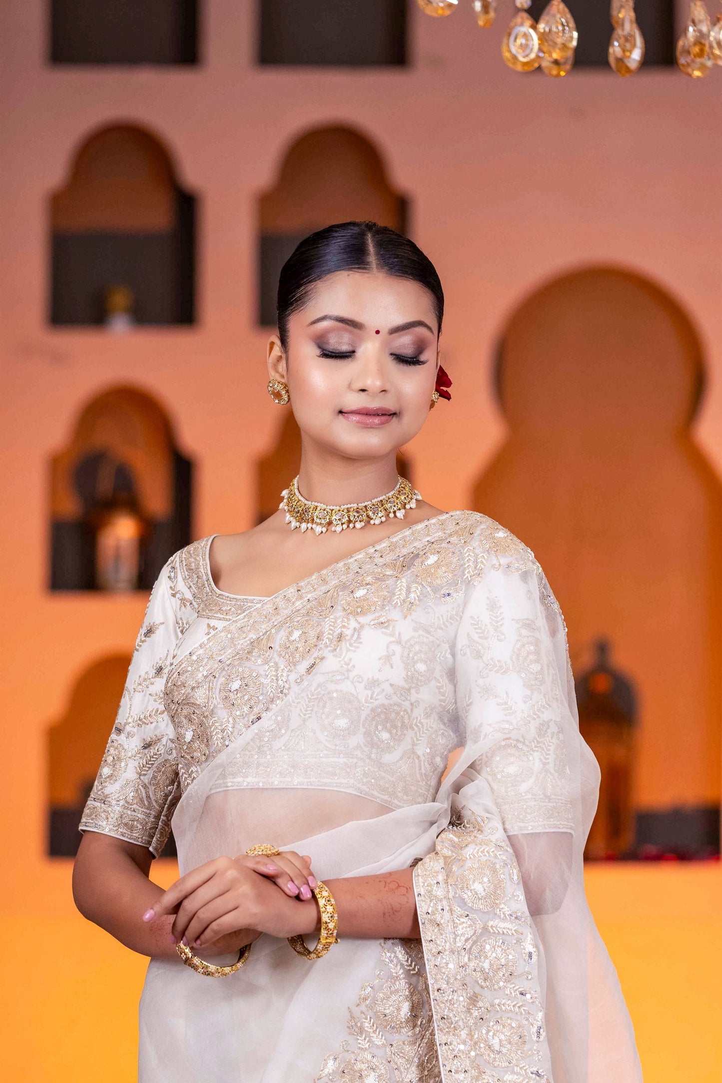 Designer Off White Organza Saree Featuring Zari Pearl And Sequin Handwork