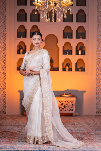Designer Off White Organza Saree Featuring Zari Pearl And Sequin Handwork