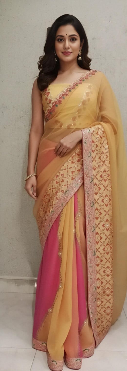 Elegant Orange Pleated Saree Set with Heavy Work Blouse