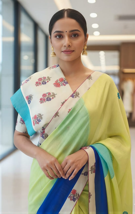 Pastel Lemon Green Chanderi Kota Cotton Saree with Elegant Thread Work