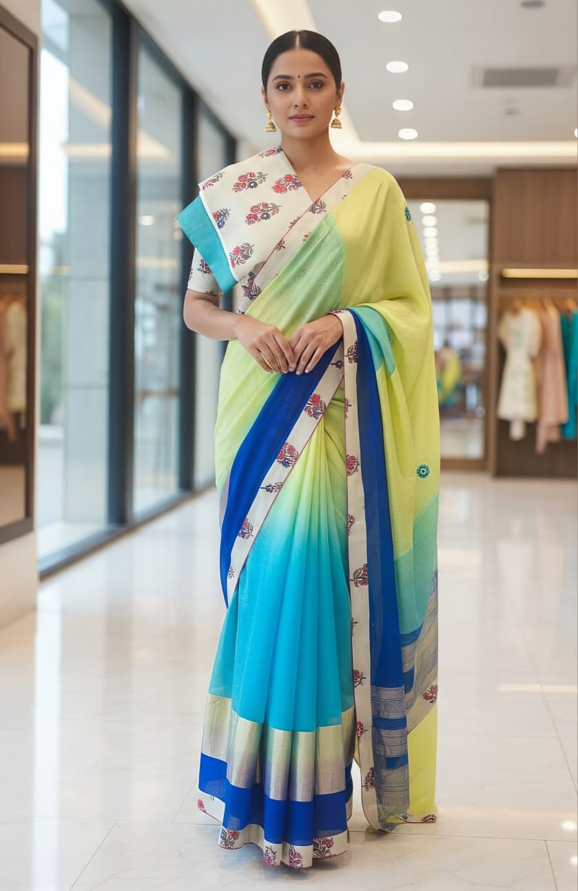 Pastel Lemon Green Chanderi Kota Cotton Saree with Elegant Thread Work