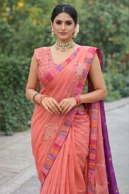 Elegant Peach Sequins Georgette Saree With Intricate Thread And Zari Work