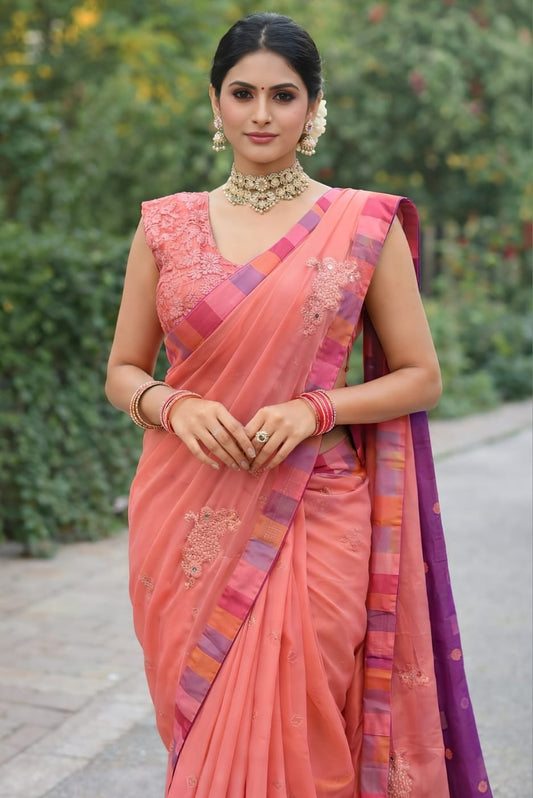 Elegant Peach Sequins Georgette Saree With Intricate Thread And Zari Work