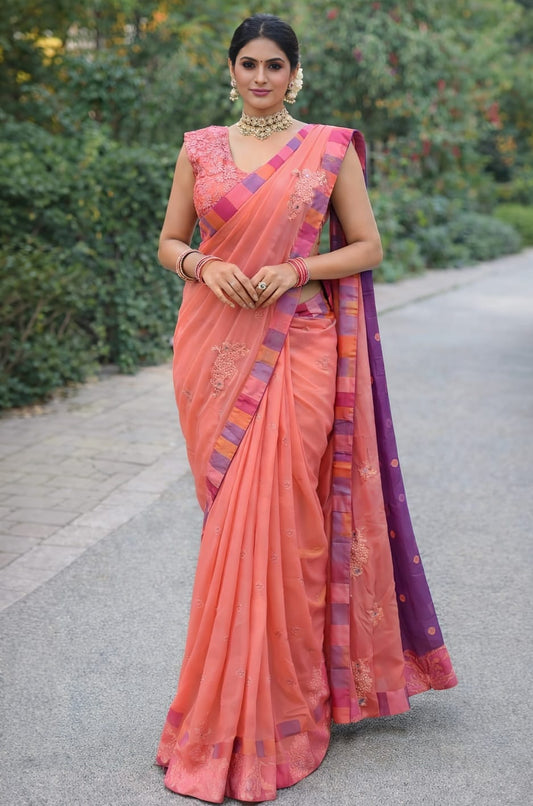 Elegant Peach Sequins Georgette Saree With Intricate Thread And Zari Work