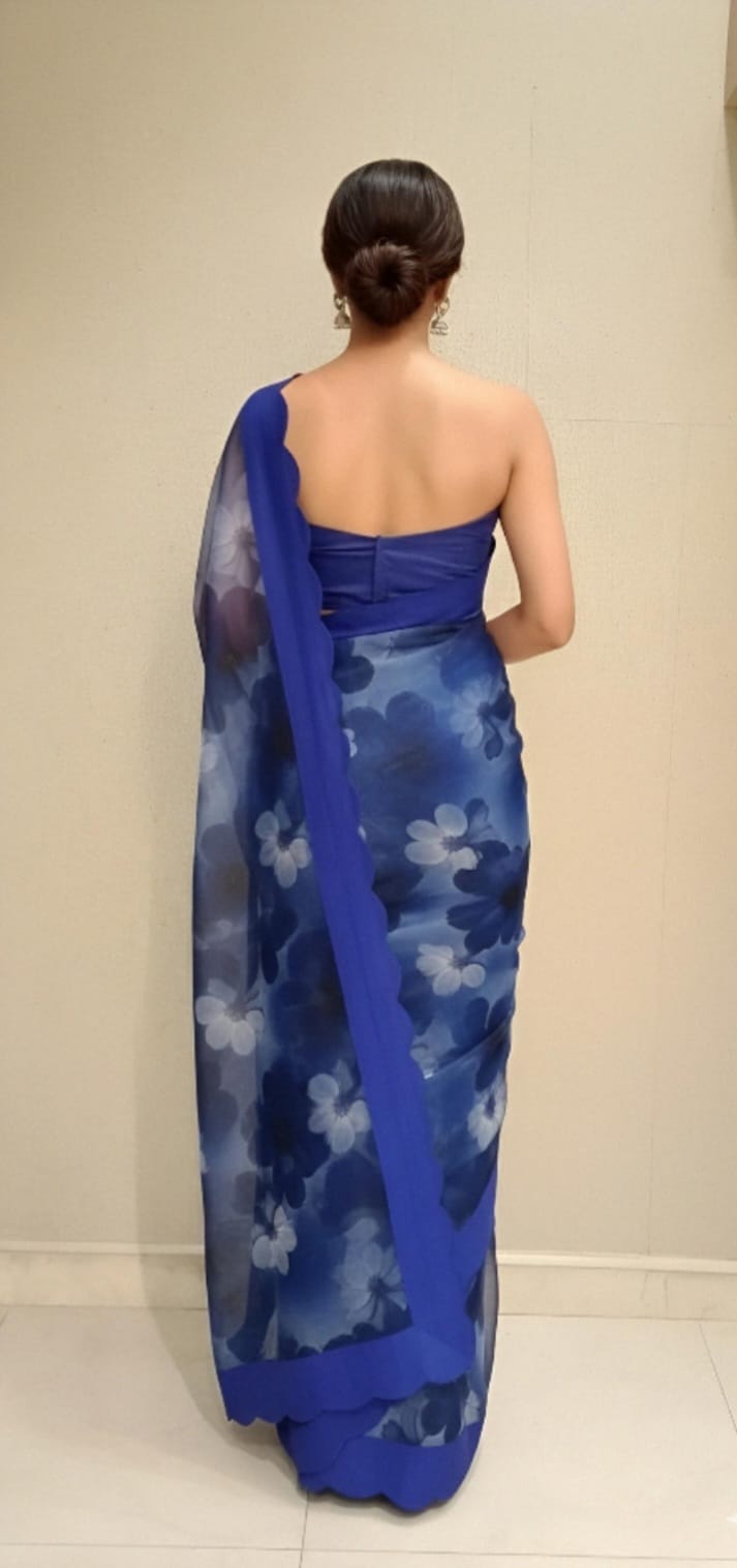 Blue Organza Printed Saree with Ethnic Motifs