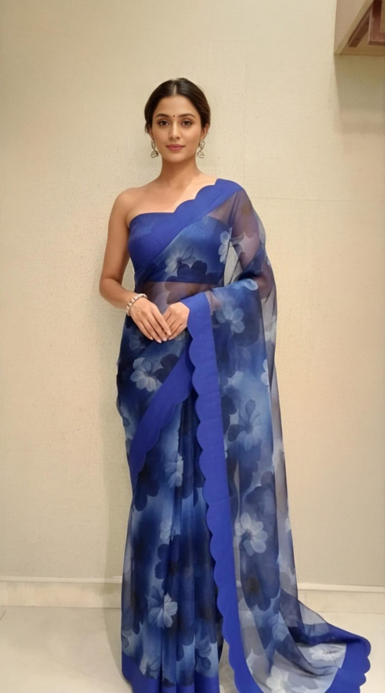 Blue Organza Printed Saree with Ethnic Motifs