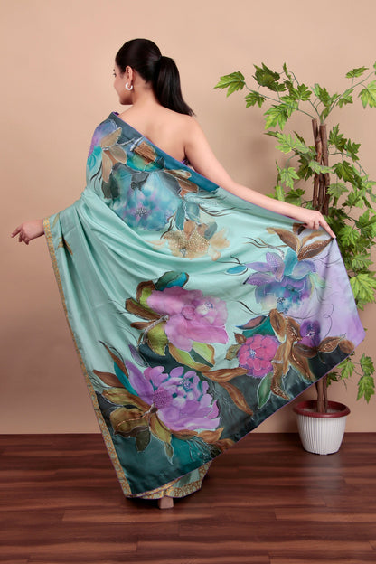 Luxury Sea Green Tulle Saree with Floral Painting and Sparkling Sequin Accents