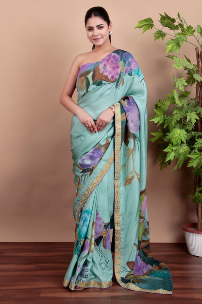Luxury Sea Green Tulle Saree with Floral Painting and Sparkling Sequin Accents