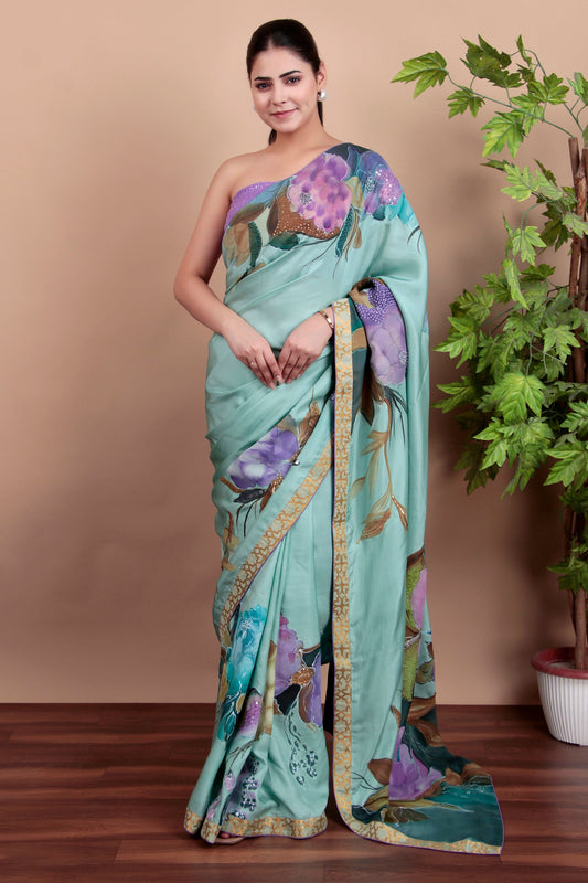 Luxury Sea Green Tulle Saree with Floral Painting and Sparkling Sequin Accents