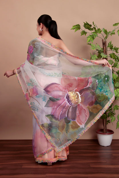 Pastel Organza Saree with Hand-Printed Floral Design And Lace Borders
