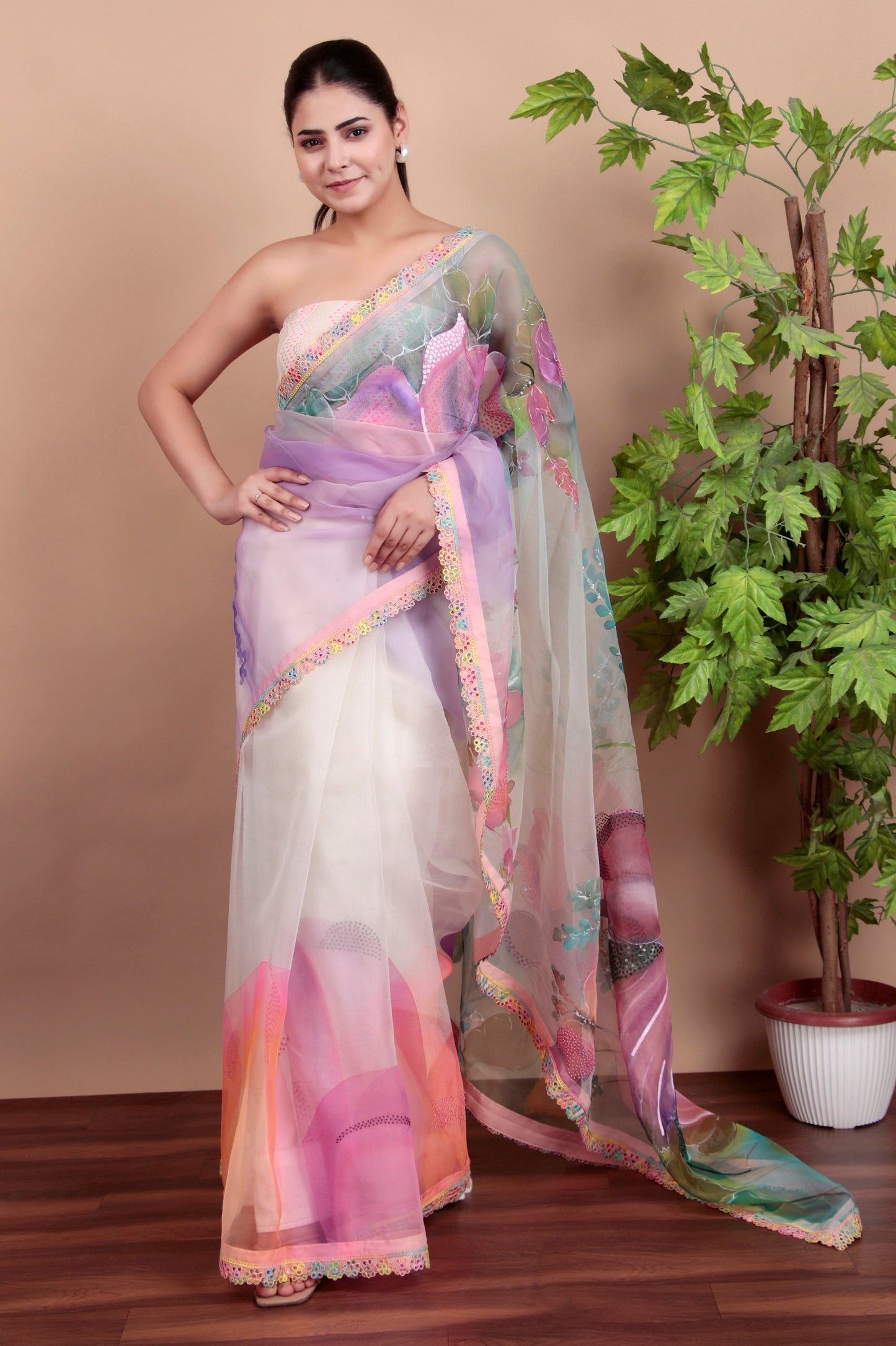 Pastel Organza Saree with Hand-Printed Floral Design And Lace Borders