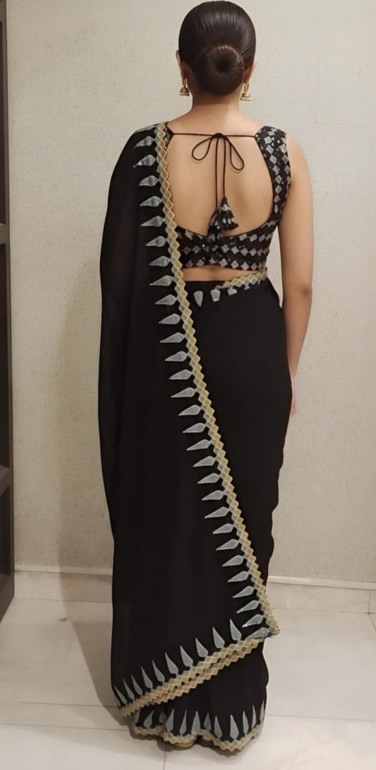 Black Saree With Contrasting Yellow And Grey Border