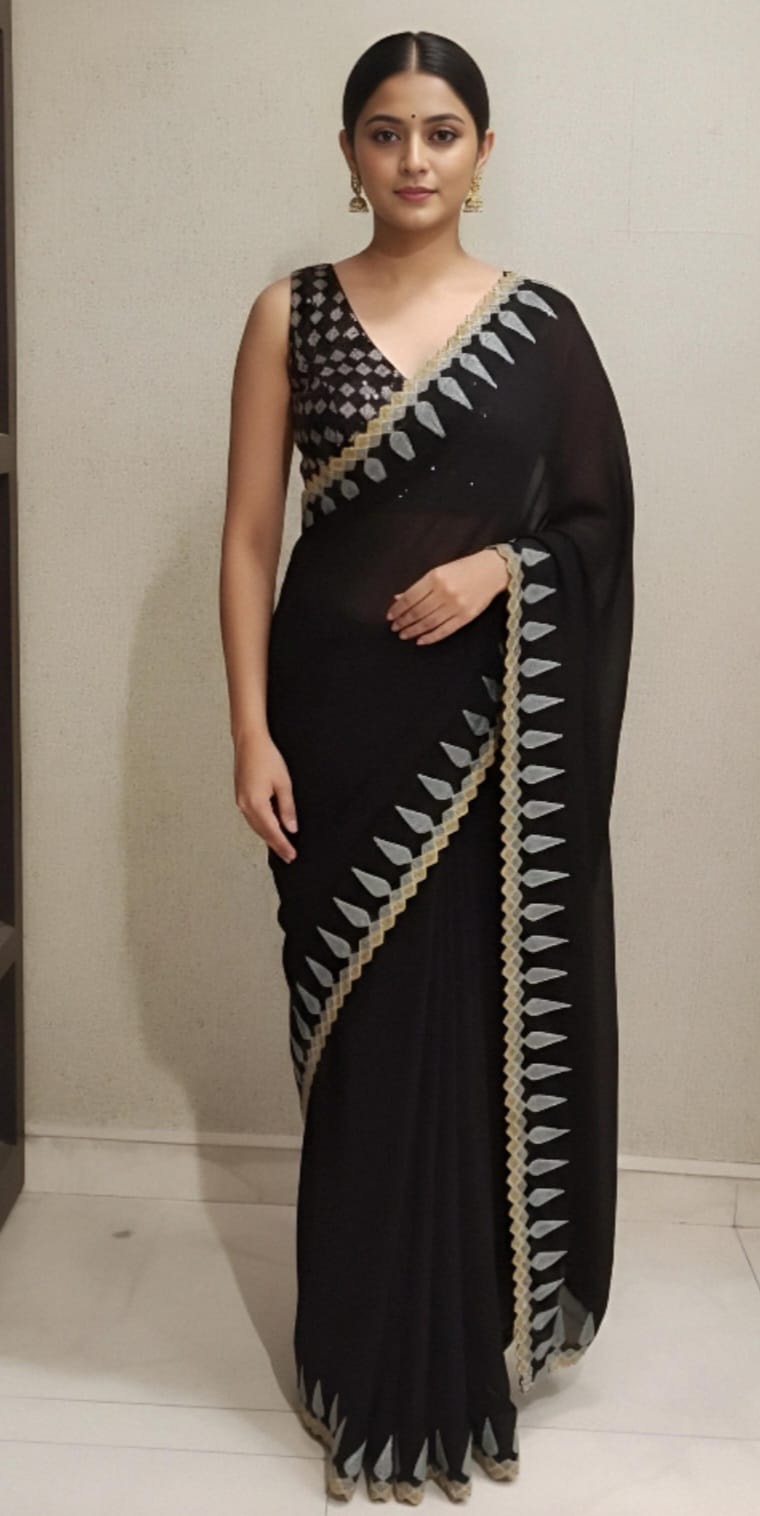 Black Saree With Contrasting Yellow And Grey Border
